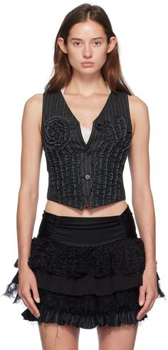 Stretch wool-blend melton vest. Pinstripes throughout. · Y-neck · Button closure · Ruffled detailing at front · Self-tie fastening at open back · Full stretch sateen lining Supplier color: Black Chic Fitted Pinstripe Vest, Elegant Fitted Pinstripe Tops, Fitted Wool Vest Top, Chic Fitted Striped Vest, Women Tie, Black Body, Apparel Accessories, Open Back, Wool Blend