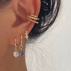 Aesthetic Gold Earrings, Gem Stone Earrings, Ear Stacks, Earring Stacks, Colourful Earrings, Earring Charm, Earring Stack, Piercing Inspo, Gem Earrings