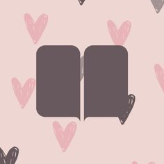 an open book surrounded by hearts on a pink background with black and gray pages in the middle