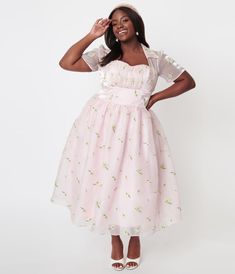 Unique Vintage Plus Size Light Pink & Floral Embroidered Libby Swing D Fitted Pink Midi Dress, Pink Spring Dress With Gathered Skirt, Spring Pink Dress With Gathered Skirt, Pink Gathered Skirt Dress For Spring, Pink Feminine Dress With Gathered Skirt, Feminine Spring Dresses With Lined Skirt, Pink Dress With Gathered Skirt For Spring, Feminine Midi Dress With Gathered Skirt, Pink Flowy Skirt For Garden Party