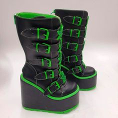 Green Enamel Buckles And Hardware Green Glittered Metal Enamel Charms Black Vegan Leather Wrapped Eva Bottom 3 Inch Platform, 6 Inch Heel Back Zipper Size 5 Trending Boot And Sold Out Everywhere !!!! Don't Miss Your Chance To Own These Dope Boots Condition- Worn Only Once . Good Condition Sold Out Everywhere And Trending Yru Shoes, Shoe Pics, 6 Inch Heels, Trending Boots, Black Vegan, Buckle Boots, Green Glitter, Green Enamel, Enamel Charms