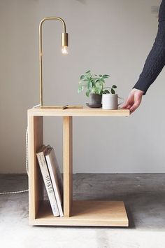 a person is holding a plant in front of a table with books and a lamp on it