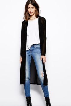 The Expensive-Taste Guide To ASOS Long Cardigan Outfit, Long Black Sweater, Long Black Cardigan, Sheer Kimono, Black Cardigan Sweater, Cardigan Outfits, Mode Inspiration, Long Black, Fall Winter Outfits