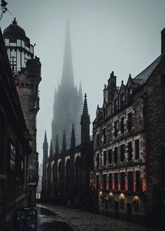 a very tall cathedral towering over a city next to other old buildings in the fog