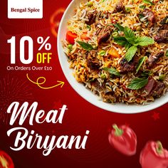 an advertisement for meat biriyani with strawberries on the side and fireworks in the background