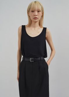 Color: Black  Lightweight linen blend fabric  Regular fit Scoop neck  Sleeveless Slip-on style Unlined 55% Linen 45% Rayon Machine Wash Cold By The Frankie Shop. Imported Chic Fitted Allsaints Midi Dress, Long Pencil Skirt, The Frankie Shop, Frankie Shop, Scoop Neck Tank Top, Paris Woman, Simple Tees, Crop Shirt, Black Crop Tops