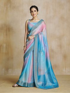 Blue Silk Saree, Lakshmi Images, Blue Saree, Printed Saree, Soft Silk Sarees, Draped Fabric, Light Blue Color, Printed Sarees, Office Casual