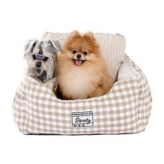 two small dogs sitting in a dog bed on top of a white surface with checkered fabric