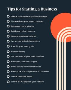 a checklist with the words tips for starting a business on it and an image of a