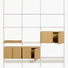 three shelves with drawers on each side