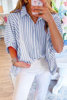 Material:100%Cotton • Effortlessly chic, this shirt combines comfort with style, making it a versatile addition to your wardrobe for any occasion. • The batwing sleeves offer a relaxed and modern look, perfect for creating a fashion-forward ensemble that is both comfortable and trendy. • Crafted from high-quality materials, the shirt features a unique pink stripe pattern that adds a pop of color to your outfit, making you stand out effortlessly. • The button-up design allows for easy wear and ad Pink And White Striped Shirt Outfit, Pink And White Striped Shirt, Dolman Shirt, Plus Size Pajamas, Oversize Shirt, Oversized Blouse, Oversized Silhouette, Tee Dress, Batwing Sleeve