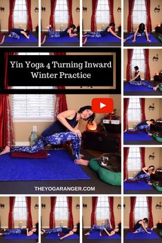 a woman doing yoga poses in front of a window with the caption yin yoga 4 turning inward winter practice