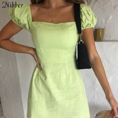 Lime Elegant Mini Dresses JKP3842 Malaysia Shopping, Elegant Mini Dresses, Beach Short Dress, Kiara Dress, French Romance, Elegant Mini Dress, Verde Lima, Puff Sleeve Dress, Puff Sleeve Dresses