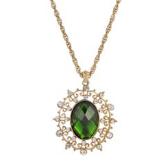 1928 Jewelry Green Stone And Crystal Large Oval Pendant Necklace 16" + Vintage Necklace Antiques, Oval Pendant Necklace, 1928 Jewelry, Green Oval, Vintage Inspired Jewelry, Gold Filigree, Oval Pendant, Green Necklace, Green Stone