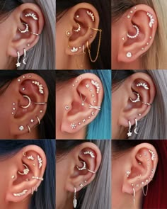 six different types of ear piercings with stars and leaves on the middle one side