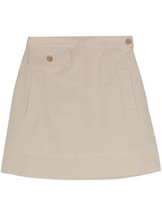 taupe beige cotton blend tonal stitching A-line high waist faux flap-pocket detail to the waistline two side welt pockets above-knee length full lining straight hem side button and zip fastening Fitted Beige Mini Skirt With Pockets, Beige Cotton Mini Skirt For Work, Beige Mini Bottoms With Pockets, Fitted Beige Cargo Skirt With Pockets, Beige Cotton Mini Skirt With Pockets, Elegant Beige Cotton Mini Skirt, Chic Beige Cotton Skort, Beige Skort With Pockets For Work, Chic Fitted Beige Cargo Skirt