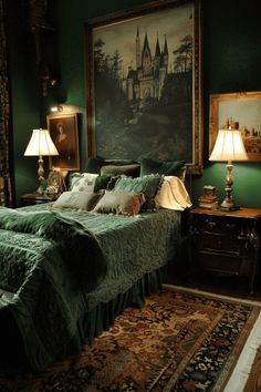 a large bed sitting in a bedroom next to two lamps