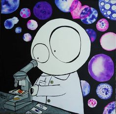 a drawing of a cartoon character looking into a microscope