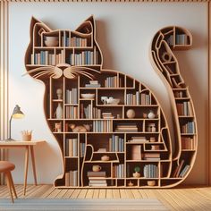 a cat shaped book shelf with books on it's shelves and a table next to it