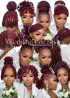 Loc Updo Styles With Curls, Soft Locs Wedding Hairstyles, Loc Styles For Events, Locs Wedding Hairstyles Bridesmaid, Bride Hairstyles With Locs, Locs With Loose Bangs, Side Swept Loc Styles, Dread Loc Styles Women, Petal Bun Locs Wedding