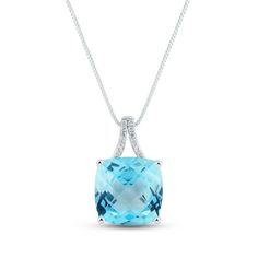 A colorful checkerboard cushion-cut blue topaz is the centerpiece of this stunning necklace for her. Styled in sterling silver, white lab-created sapphire accents add eye-catching sparkle. The pendant sways from an 18-inch box chain. Blue Cushion Cut Fine Jewelry Necklace, Blue Cushion Cut Jewelry With Gemstone Accents, Colorful Checkerboard, White Lab, Necklace For Her, Kay Jewelers, Blue Cushions, White Necklace, Topaz Stone