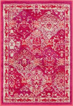 a pink and white rug with an ornate design on the bottom, in different colors