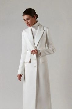 Elegant Fitted Plain Outerwear, Elegant Cotton Outerwear For Daywear, Elegant Solid Color Cotton Outerwear, Elegant Cotton Outerwear For Winter, Fitted Knee-length Outerwear For Daywear, White Fitted Long Coat, Fitted White Long Coat, Elegant Long Cotton Outerwear, Elegant Full Length Spring Outerwear