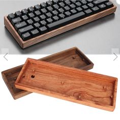 a wooden box with a black keyboard on it and another photo of the same object