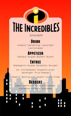 the incredibles dinner menu with an orange background