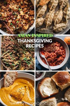 many different dishes are shown with the words, asparagushed thanksgiving dinner recipes