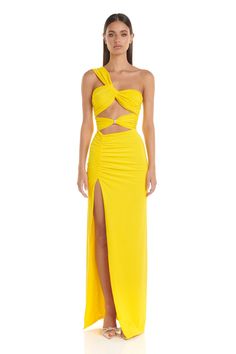 Natalie Maxi Dress - Yellow – JAUS Crystal Hardware, Yellow Maxi Dress, Yellow Maxi, One Shoulder Midi Dress, Elegant Maxi Dress, Statement Dress, Cut Out Design, Long Dresses, Bandage Dress