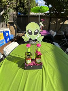 an alien themed birthday party with two bottles of booze on the table and decorations