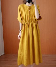 Natural yellow tunics for women o neck wrinkled Vestidos De Lino summer Dress Materials used: cotton blendedMeasurement:One size fits all for this item. Please make sure your size doesn't exceed this size: XXL/BUST-110cm length 117cm / 45.63"bust 110cm / 42.9"Sleeve length 37cm / 14.43"Cuff 45cm / 17.55"We ship worldwi Kids Long Dress, Long Fall Dresses, Tunics For Women, Chiffon Long Dress, Neck Wrinkles, Denim Patchwork, Dresses Summer, Navy Floral, Nike Outfits