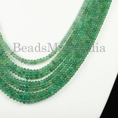 "\"Measurements From 3.5-5.5mm (Approx.) Drilled Size - .40mm Stone - Emerald Style - Rondelle Strand Measurement - 56cm Weight- 416.30ct\"" Elegant Round Spacer Beads, Polished Emerald Beaded Necklaces, Emerald Faceted Beaded Necklaces, Emerald Necklace With Faceted Round Beads For Jewelry Making, Emerald Beaded Necklace With Round Gemstone Beads, Emerald Necklace With Round Gemstone Beads, Rondelle Gemstone Beads For Jewelry Making, Jewelry Emerald, Emerald Style