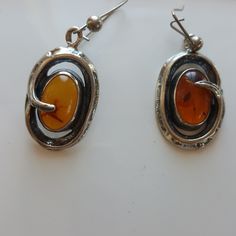 Oval Amber Antique Earrings Vintage Sterling Silver Earrings Stamped 925, Elegant Amber Sterling Silver Earrings, Pierced Amber Earrings, Classic Amber Sterling Silver Earrings, Amber Sterling Silver Drop Earrings, Amber Sterling Silver Dangle Earrings, Nickel-free Oval Sterling Silver Earrings, Amber Sterling Silver Earrings, Silver Oval Earrings With Ear Wire