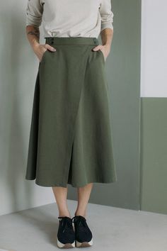 Minimalistic Khaki Midi Cotton and Lyocell Wrap Skirt TWILL - Etsy Khaki Cotton Workwear Skirt, Khaki Cotton Skirt For Work, Green Midi Length Workwear Bottoms, Cotton Asymmetrical Skirt For Work, Asymmetrical Cotton Skirt For Workwear, Spring Cotton Midi Wrap Skirt, Cotton Long Wrap Skirt With Pockets, Asymmetrical Cotton Wrap Skirt For Workwear, Cotton Wrap Skirt For Work