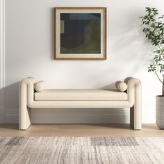 a white couch sitting next to a potted plant on top of a wooden floor