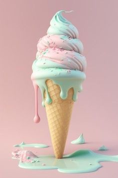 an ice cream cone with pink and blue icing on it's tip, dripping from the top