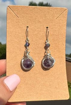 Amethyst Wire Wrap Earrings Lavender Nickel Free Dangle Earrings, Amethyst Earrings For Gift, Lavender Ear Wire Earrings For Gift, Lavender Dangle Earrings Nickel Free, Purple Earrings For Pierced Ears Gift, Purple Ear Wire Earrings As Gift, Lavender Earrings For Gift, Lavender Earrings Gift, Purple Dangle Hoop Earrings As Gift