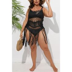 Level up your beach look with our Plus Size Cut-Out Tassel Crochet Dress Cover-Up! Featuring bold cut-outs and playful tassel detailing, this cover-up adds a touch of adventure to your swimwear. Don't forget to pair it with your favorite undergarments for a complete look. Take a risk and rock this cover-up on your next beach day! Decoration Hollow Out , Tassel Pattern Type Solid Style Crochet Fabric Slight Stretch Material Knitted Fabric Fabric Type Polyester , Lanon Tassel Crochet, Black Jumpsuit Dress, Take A Risk, Crochet Fabric, Curvy Dress, Crop Top Sweater, Beach Look, Dress Cover, Basic Tops