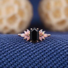 Unique Long Hexagon Cut Black Onyx Engagement Ring Rose Gold Opal Cluster Wedding Ring Dainty Black Gemstone Rings Anniversary Gift For Her Jewelry Information: ♡ Handmade, high-quality item ♡ Material: SOLID 14K/18K GOLD ( can be made in yellow/white/rose gold ) ♡ Center stone: black onyx ♡ Size/Weight:  5x9mm ♡ Cut - Long Hexagon Cut ♡ Side stone: Natural opal ♡ Cut - Marquise Shaped ♡ Band Width: Around 1.8mm Visit my shop for more jewelry: https://www.etsy.com/shop/acraisejewelry PRODUCTION Opal And Onyx Engagement Ring, Black Octagon Gemstone Jewelry, Black Wedding Jewelry With Accent Stones, Elegant Black Opal Ring As Gift, Elegant Black Opal Ring For Gift, Elegant Black Opal Ring Gift, Black Octagon Rings As Gifts, Black Geometric Ring As Gift, Emo Engagement Rings