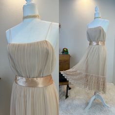 1970s gown / 1960s gown / 1960s dress / 1970s dress / vintage chiffon dress/ 60s dress / 1960s fashion / Miss Elliette Dress This late 1960s, early 1970s beauty is just breathtaking. She is a spaghetti strap chiffon beauty with a comfortable cut and a lace hem  that billows when you walk. She is fully lined, has a zipper in the back The only thing that makes this beauty even better is that she is made by the talented Miss Elliette.  Measurements provided are flat and have been doubled. Center back zipper with hook and eye at the back. vintage size 12 Bust 34" Waist 28"  Hips 40" Length 46" ❤️ Condition: Excellent vintage condition. Flaw: one light stain, you have to go searching for at left waist. This item has been cleaned and is ready to wear. Belt in photos, not included. $158 includes Vintage Party Chiffon Dress, Fitted Vintage Chiffon Party Dress, Fitted Vintage Chiffon Dress For Party, Vintage Chiffon Midi Dress, Flowy Vintage Chiffon Dress, Elegant Dress For Vintage Events And Prom Season, Vintage Chiffon Summer Dress, Vintage Long Dress For Party, Vintage Long Party Dress