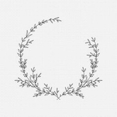 a black and white drawing of a wreath with leaves on it's sides, in the shape of a circle