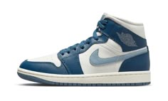 The Women’s Air Jordan 1 Mid "French Blue" is a women’s-exclusive colorway of lifestyle shoe with an appealing color block.  The upper features a Sail (off-white) leather base with French Blue leather overlay panels.  An Ozone Blue leather Swoosh appears on both sides.  A grey “Wings” logo can be found on the collar overlay while a white Jumpman is seen on the grey nylon tongue tag.  Underfoot, a Sail rubber midsole and French Blue outsole complete the clean look.  Release date: August 31, 2023 Jordan 1 Mid Blue, Original Air Jordans, Preppy Shoes, Blue Jordans, Nike Air Jordan 1 Mid, Popular Sneakers, Exclusive Sneakers, Cute Nike Shoes, Nike Dunk High