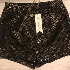 Black With Gold Dots Brand New With Tags Fitted Black Shorts For Party, Fall Party Fitted Shorts, Fitted Party Shorts, Fitted Party Shorts For Fall, Chic Shorts For Night Out Party Season, Chic Party Season Shorts For Night Out, Black Sequin Shorts For Summer, Black Shorts For Evening With Short Length, Trendy Fall Party Shorts