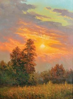 an oil painting of the sun setting over a field with trees in the foreground