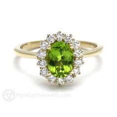 Gorgeously feminine, a pretty Peridot and diamond ring in your choice of 14K or 18K White, Yellow or Rose Gold. At the center is a 1.35ct lovely Peridot, surrounded by a halo of conflict free diamonds, .40cts total weight. So pretty! Peridot is the birthstone for August. Made to order. Please allow three to four weeks for delivery. ABOUT THIS RING Composition: 14K Gold or 18K Gold Shown on Ring Size 6.5 Finger Center Stone: Natural Peridot Color: Yellowish Green Approx. Weight: 1.35ct Shape/Cut: Peridot Engagement Rings, Peridot Color, Green Gemstone Ring, Peridot Jewelry, August Birthstone Jewelry, August Birthstone, Peridot Gemstone, Peridot Ring, August Birth Stone