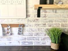 a potted plant sitting on top of a wooden table next to a wall calendar