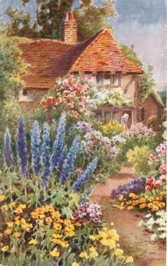 a painting of a house surrounded by flowers