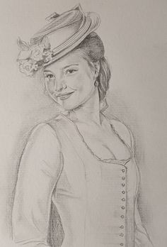 a drawing of a woman in a dress and hat